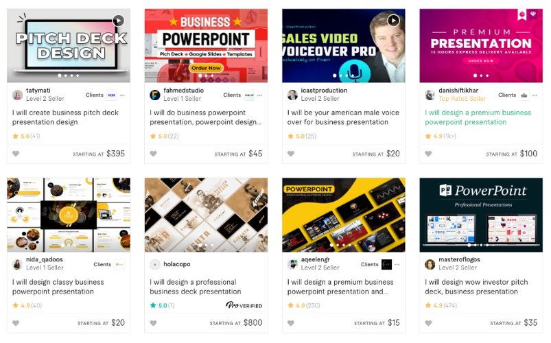 Fiverr screenshot of branding and design professionals and their services