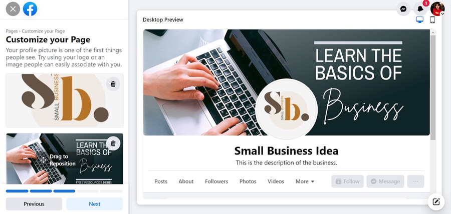 Example of a profile picture and cover image on a Facebook business page.