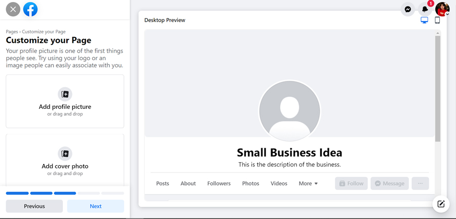 A new Facebook page with options to upload a profile picture and cover photo.