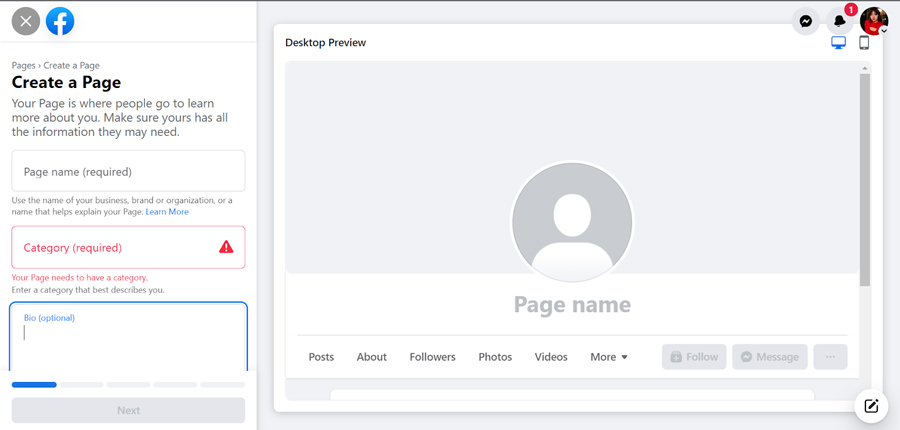 Step two in creating a Facebook business account