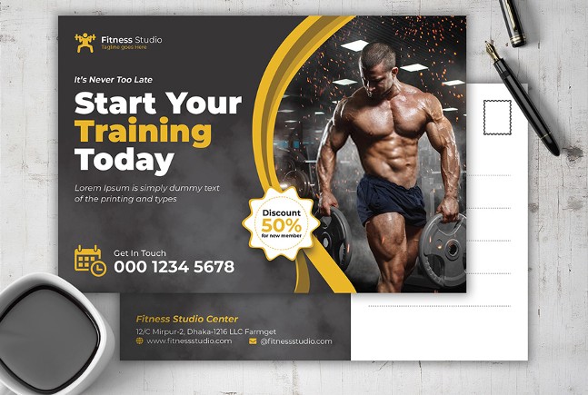 Example of a postcard design for a gym or fitness studio