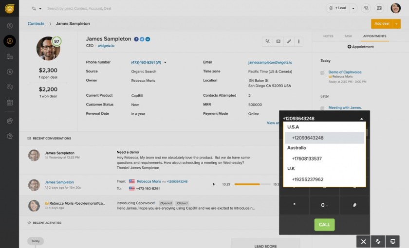 Placing a call from a CRM record in Freshsales.
