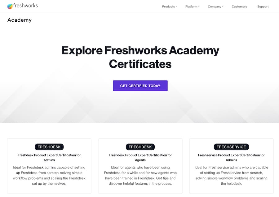 Certification programs available on the Freshworks Academy page.