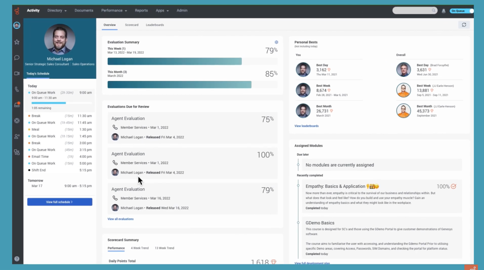 Genesys Cloud personalized employee hub, divided into separate sections, including agent activity, evaluation summary, assigned module, and gamification.