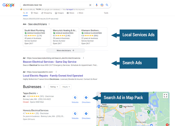An example of Google Local Services Ads and Google Ads in search and map results