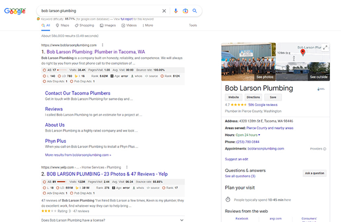 An example of a Google Business Profile shown on Google search results pages
