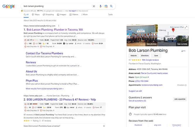 A Google Business Profile for Bob Larson Plumbing showing up on Google Search.