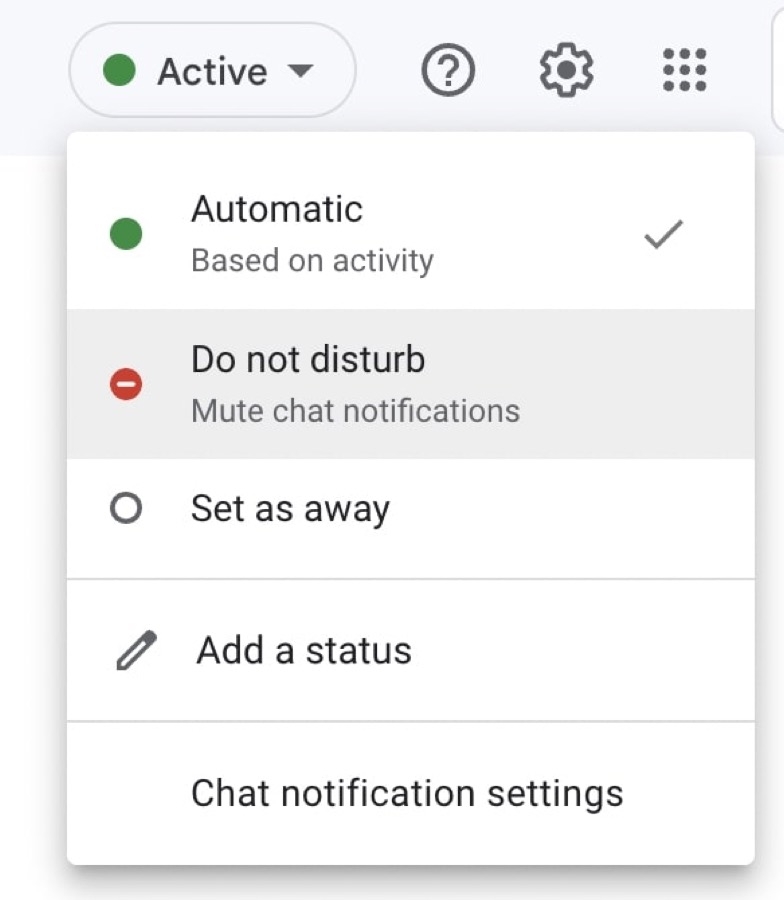 Photo showing the status options offered by Google Chat.