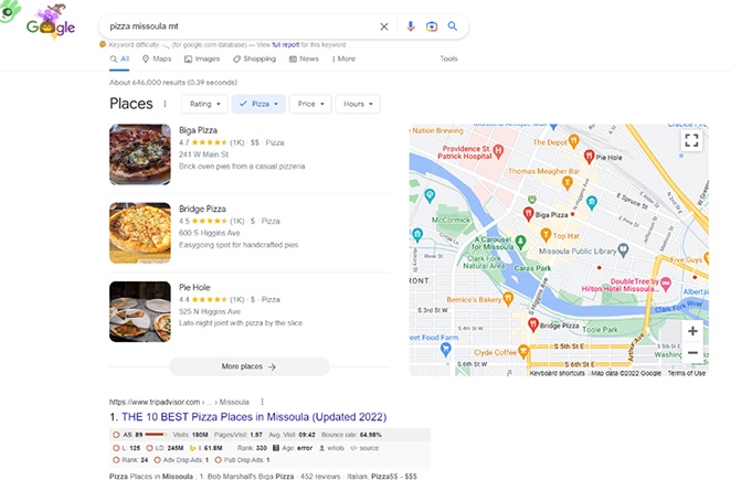 Screenshot of local map pack results in Google search pages