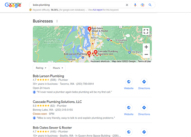 An example of Google Business Profile shown in a Google Map pack search result