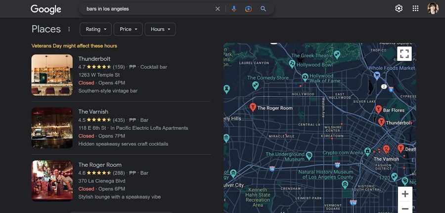 Example of Google search results and map for "Bars in Los Angeles"