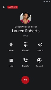 An iPhone screen showing a Google Voice call with an "Auto Rec" indication at the top portion.
