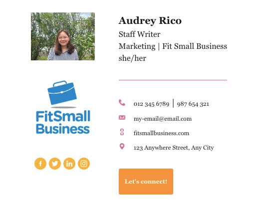 An example of an email signature created with the free Hubspot email signature generator.