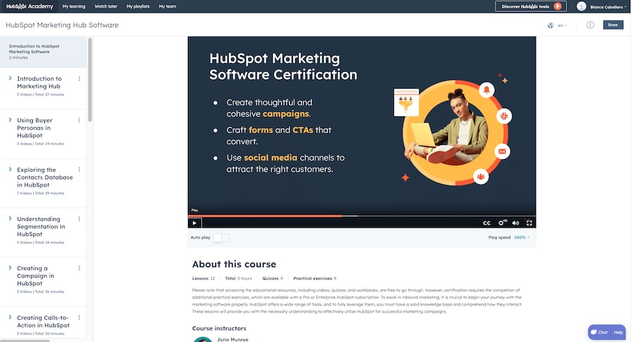 A preview of the courses in HubSpot Marketing Software Certification seen in a HubSpot Academy account.