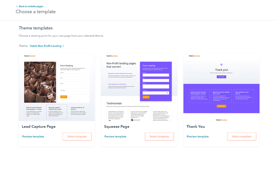 Screenshot of template variations available in a HubSpot theme.