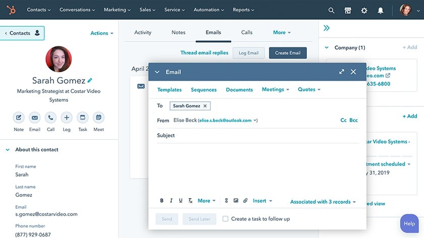 Hubspot email marketing platform with activities, notes and contacts