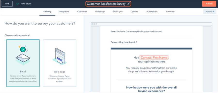 Screenshot of HubSpot CRM's customer satisfaction survey design tool.