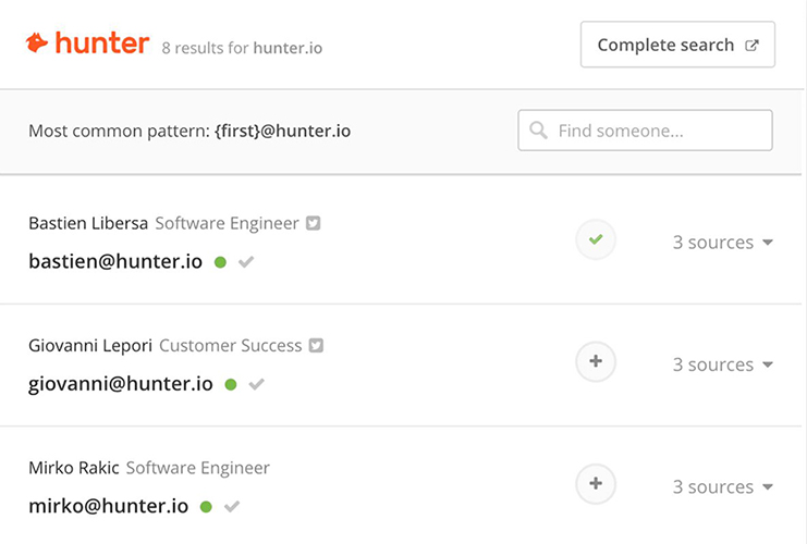 Hunter.io email pattern search