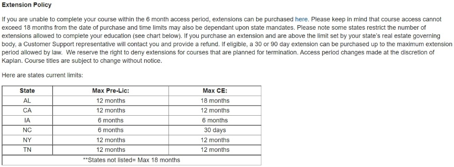 Screenshot of Kaplan's course extension policy.