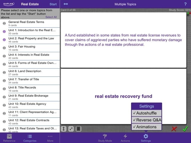 Kaplan online platform showing digital real estate term flashcards.