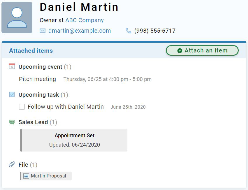 Screenshot of Less Annoying CRM's contact view for sales.