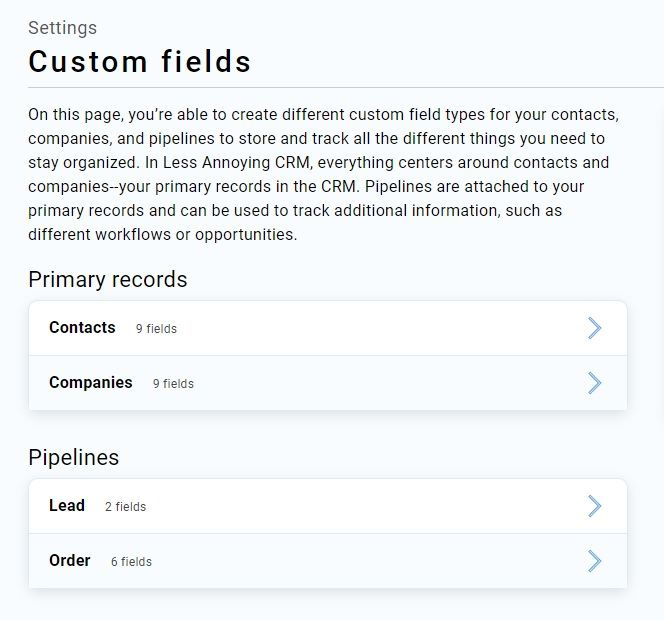 Screenshot of Less Annoying CRM's custom field settings.