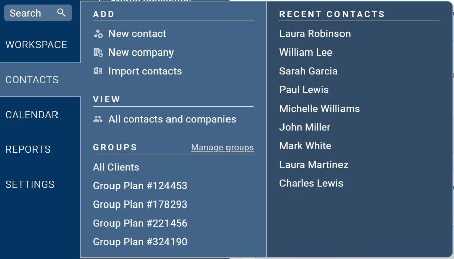 Знімок екрана вкладки керування груповими контактами Less Annoying CRM для страхових агентів.