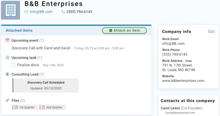 Screenshot of Less Annoying CRM's contact management template for consultants.