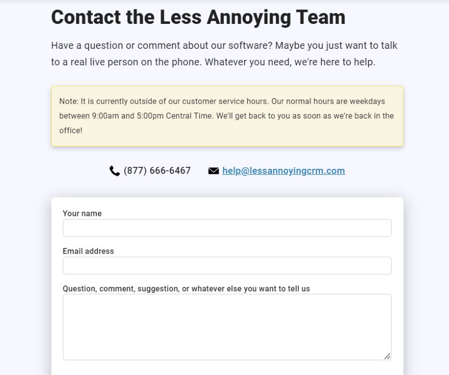 Screenshot of Less Annoying CRM's customer support contact form.