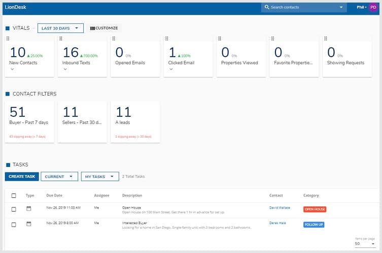 LionDesk CRM dashboard with data and contact filters