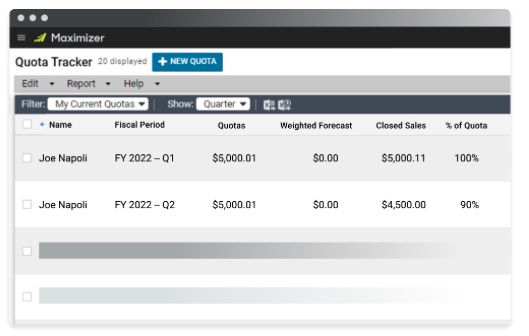 Tracking sales quotas in the Maximizer CRM Sales Leader edition.