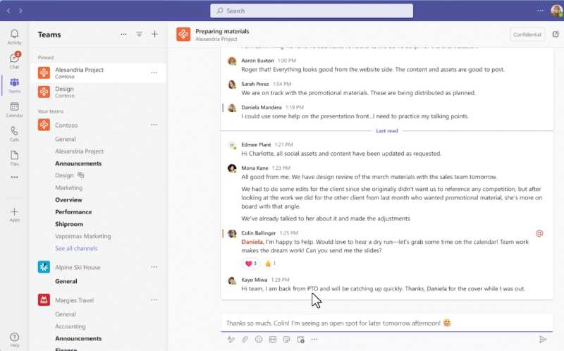 Microsoft Teams team channels interface with group chat.
