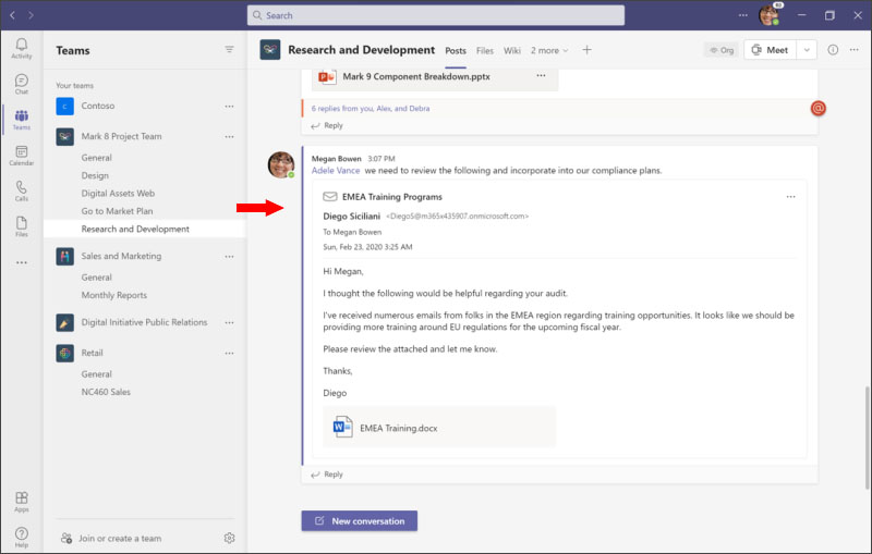 Microsoft Teams interface showing a conversation thread titled "Research and Development" with an arrow pointing to a message shared from Outlook.