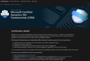 Course details on Microsoft Certified: Dyanmics 365 Fundementals CRM.