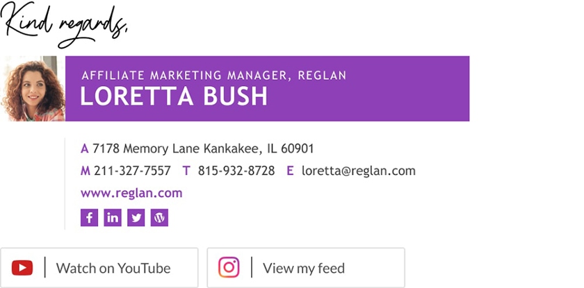 Example of an email signature with multiple calls to action