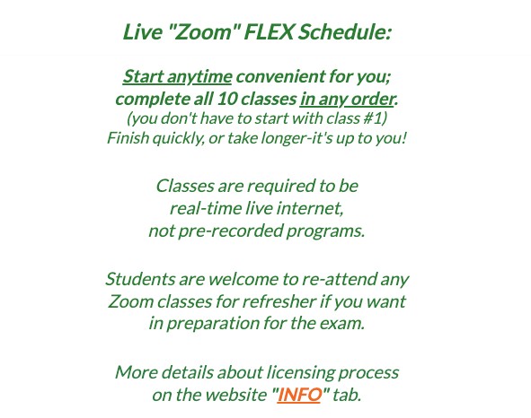 New Hampshire Real Estate School website screenshot showing description for Zoom flex schedule