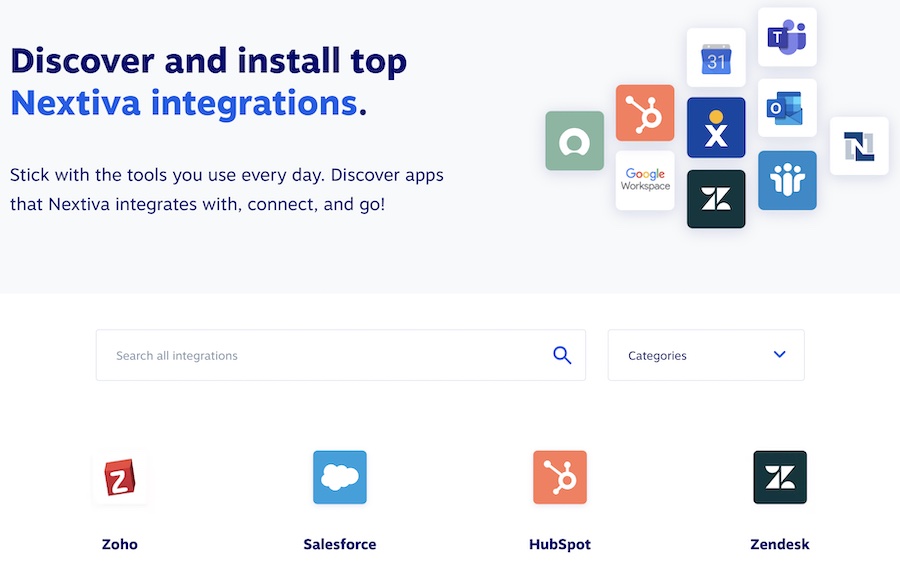 A browser view of Nextiva's list of integrations