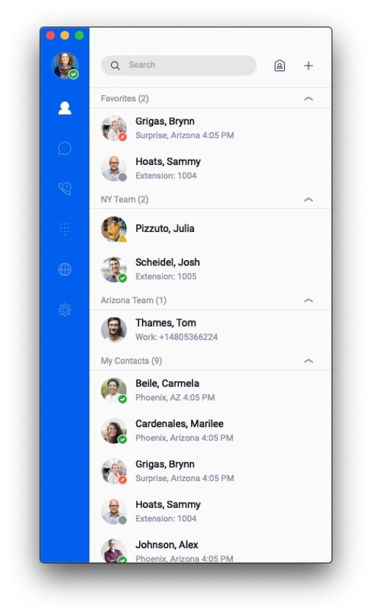 Display of Nextiva's contact list with presence status.