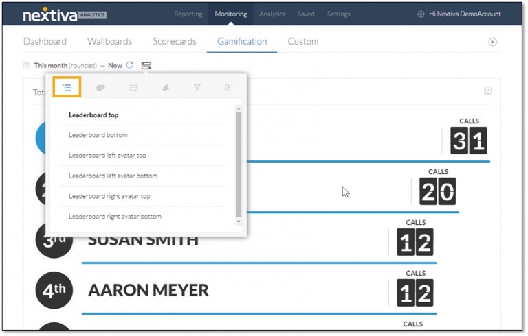 Nextiva analytics dashboard highlighting the gamification feature
