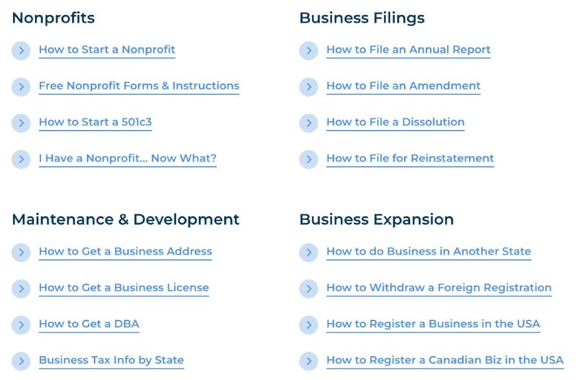 A list of online resources for nonprofits, business filings, maintenance, and business expansion.