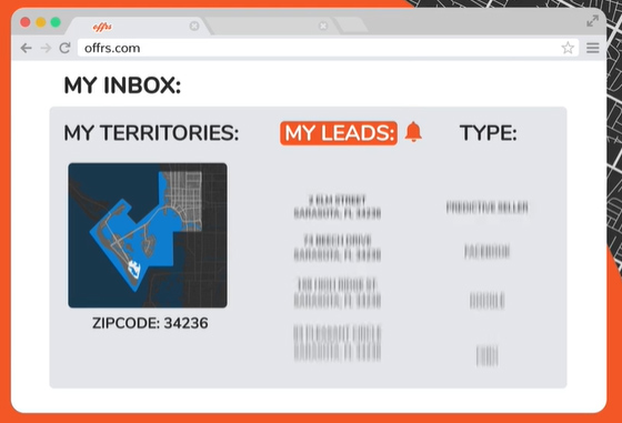 Offrs Inbox showing leads in a specific zip code.