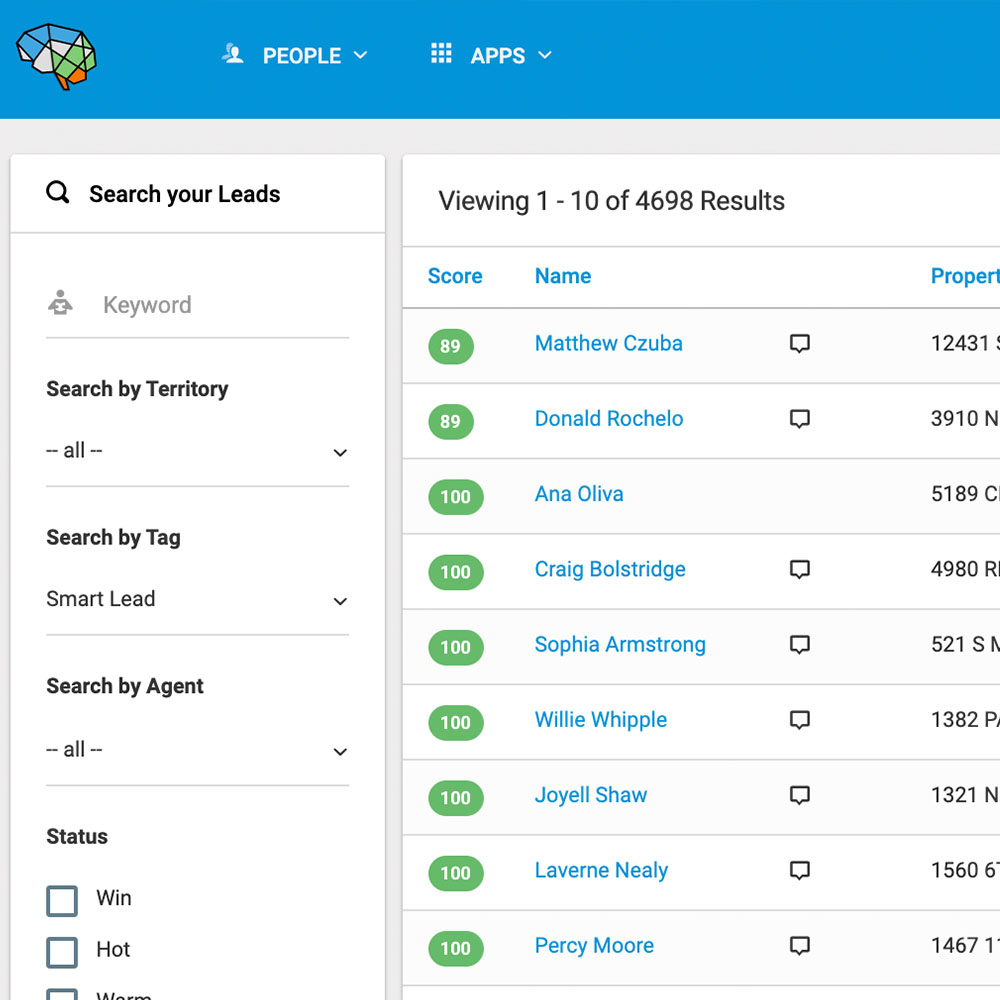 Smart Broker's lead management platform showing a sidebar navigation and names of leads.