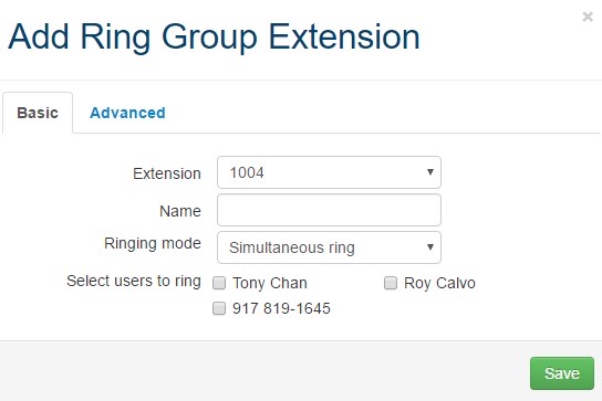 "Add Ring Group Extension" settings on Ooma