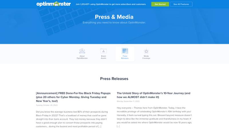 Press releases linked in OptinMonster's press kit