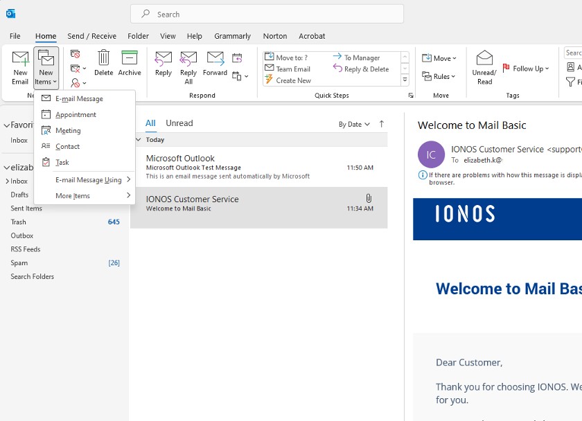 Outlook email interface.