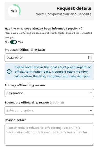 A screenshot showing Oyster's employee offboarding form.