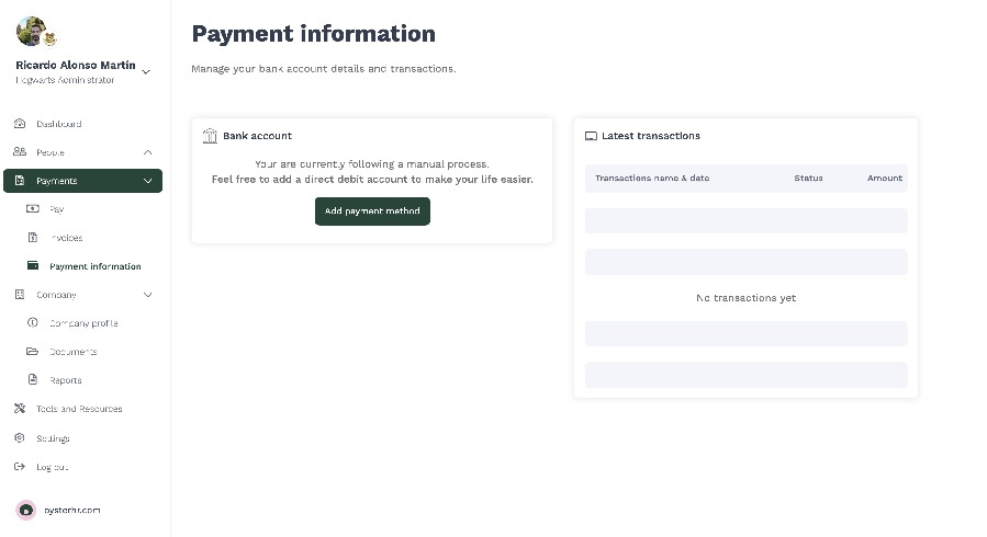 A screenshot showing Oyster's payments module.