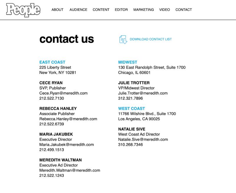 Contact information on People Magazine's press kit.