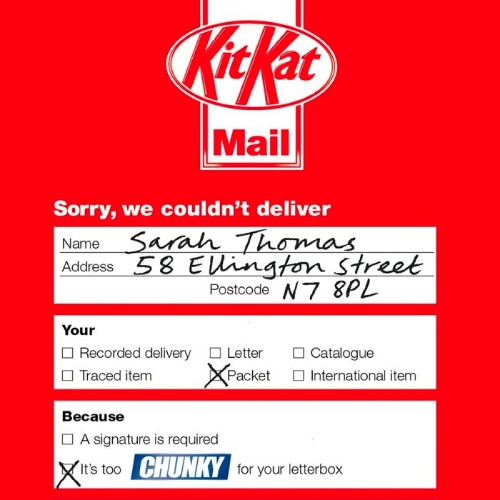 Marketing mail from KitKat designed to look like personal correspondence.