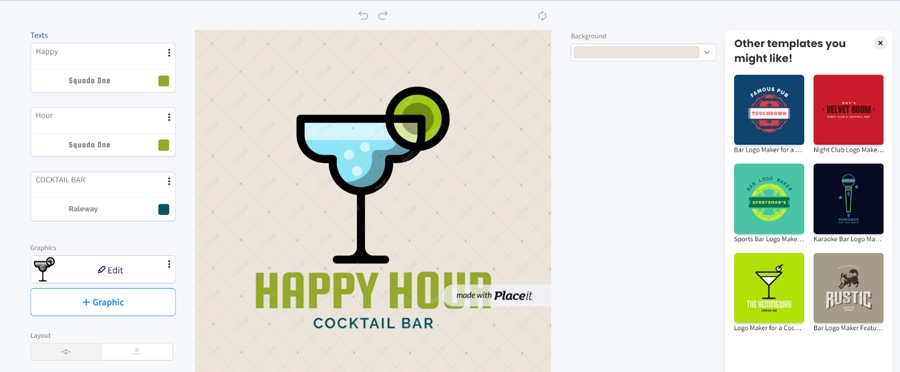 Placeit free logo maker and bar merchandise mockups.